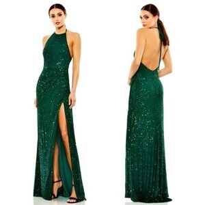 Mac Duggal 26622 Sequin Halter Open Back High Slit‎ Formal Maxi Gown Dress